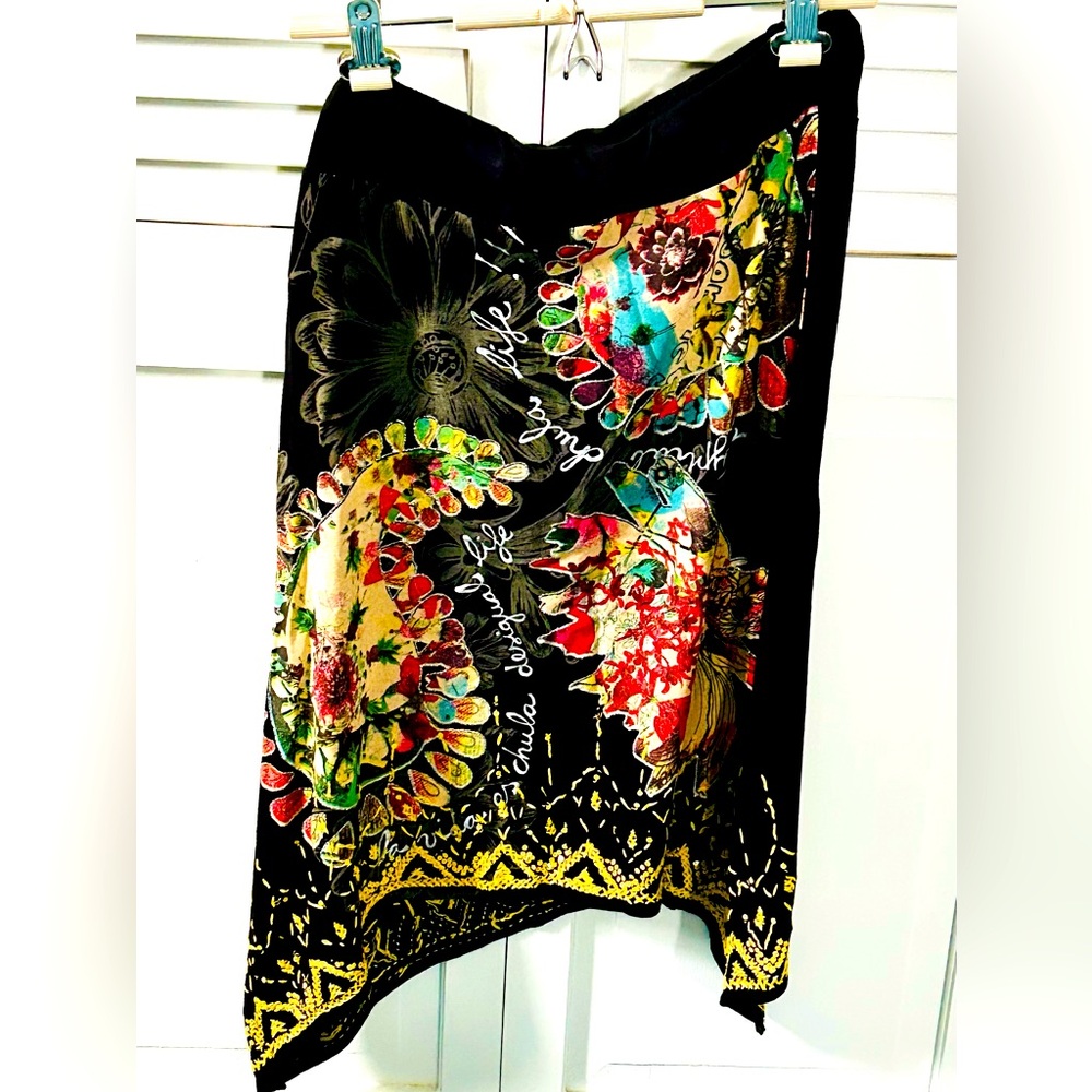 Desigual Designer Embroidered Knee Length Asymmetrical Cotton Skirt